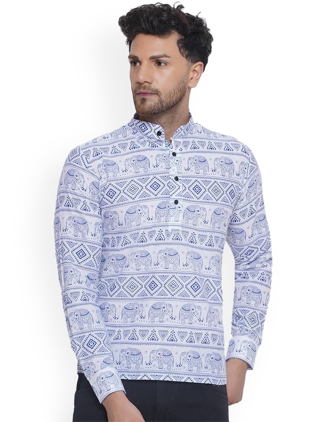 

VEERA PARIDHAAN Geometric Printed Band Collar Cotton Straight Kurta, White