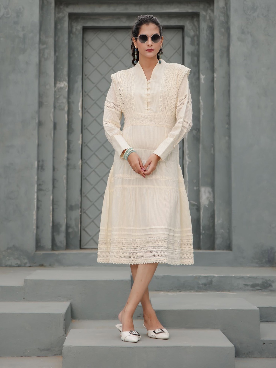 

FREYAA Embroidered Cotton A-Line Dress, Cream