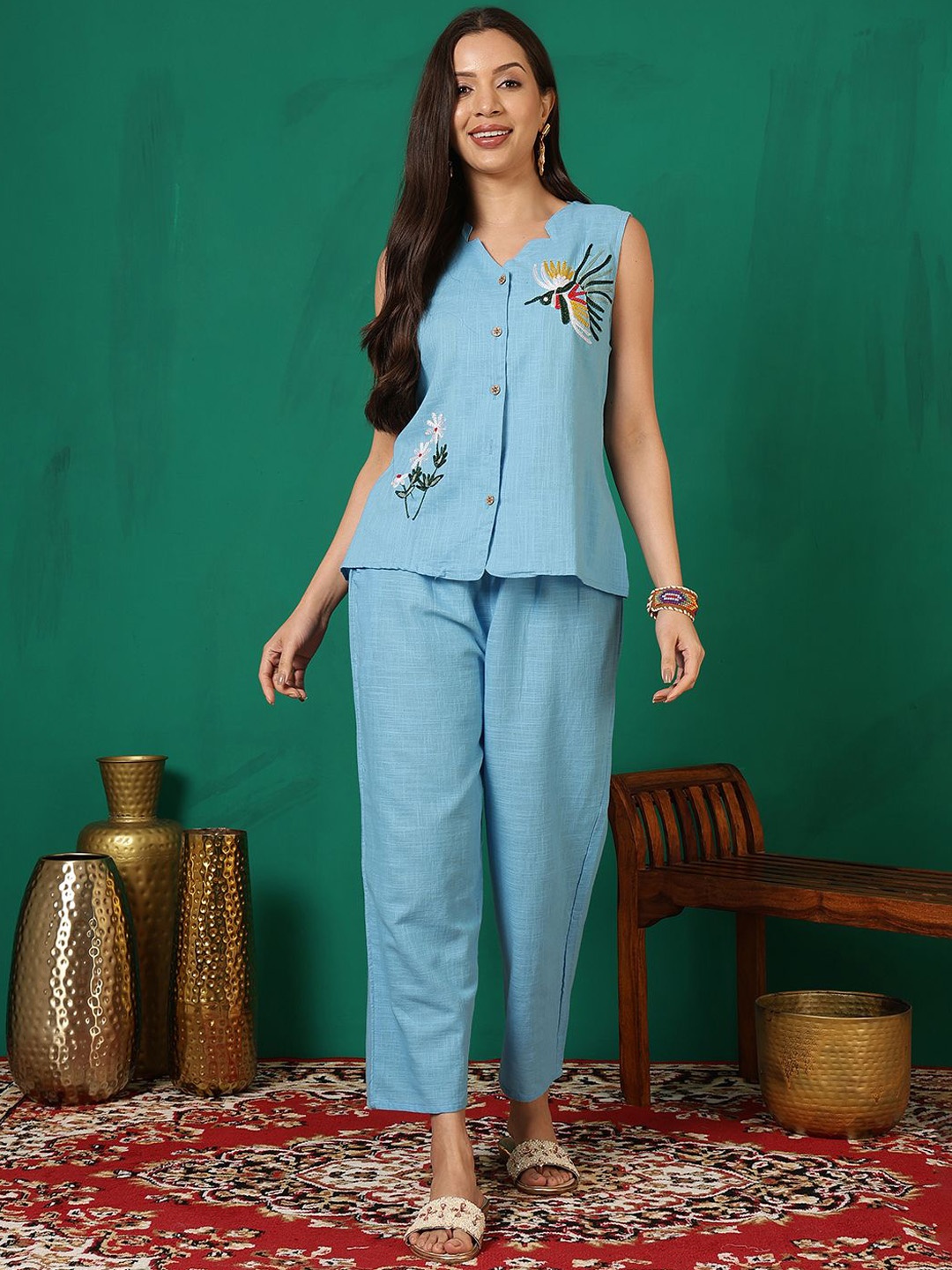 

Sangria Embroidered V-Neck Pure Cotton Top With Trouser, Blue