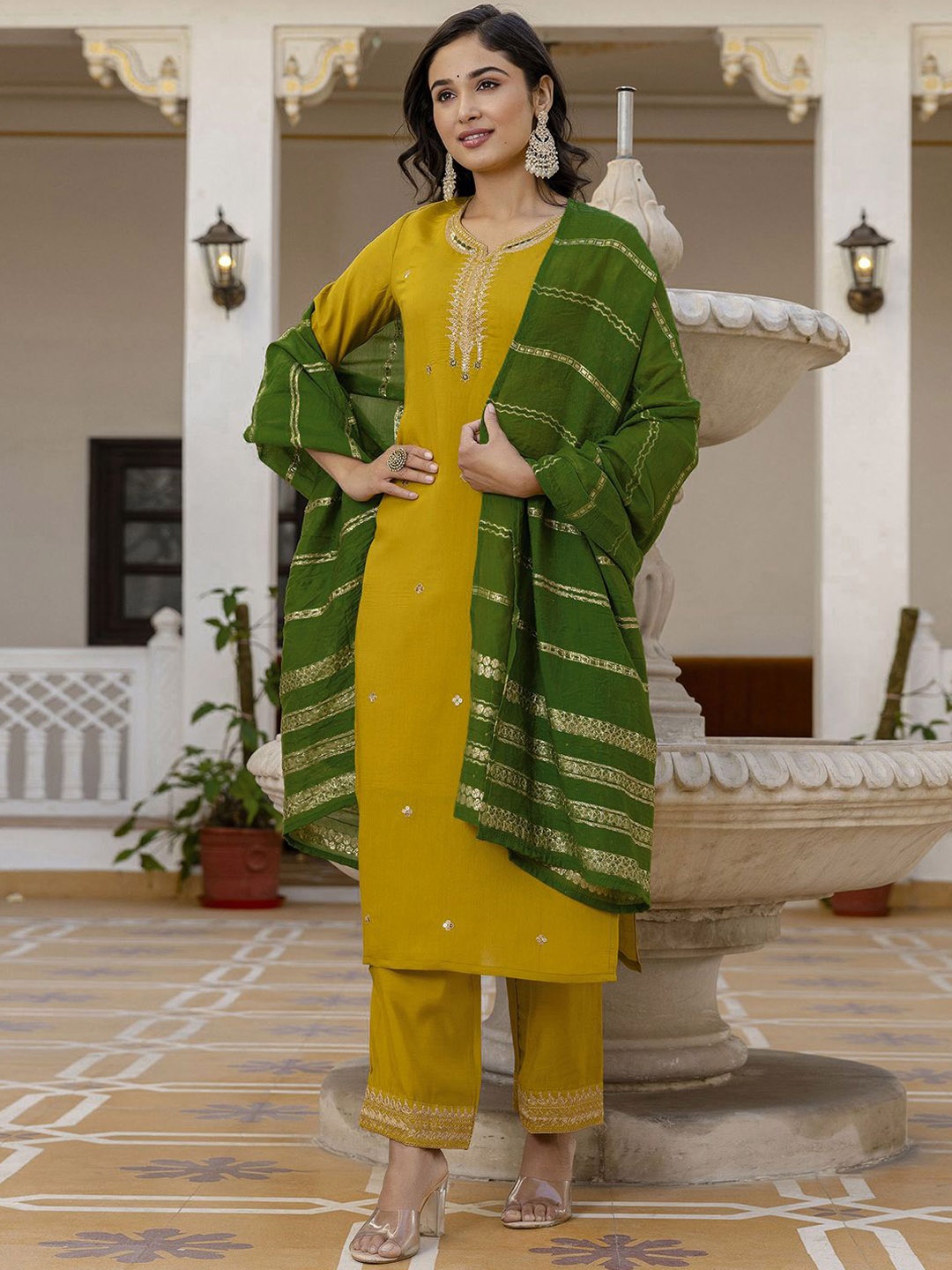 

SKYLEE Floral Embroidered Zari Pure Silk Straight Kurta With Trousers And Dupatta, Mustard