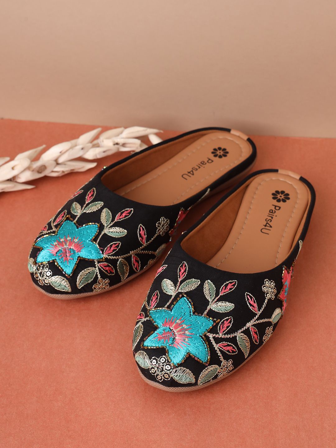 

Pairs4U Women Woven Design Mojaris with Embroidered Flats, Black