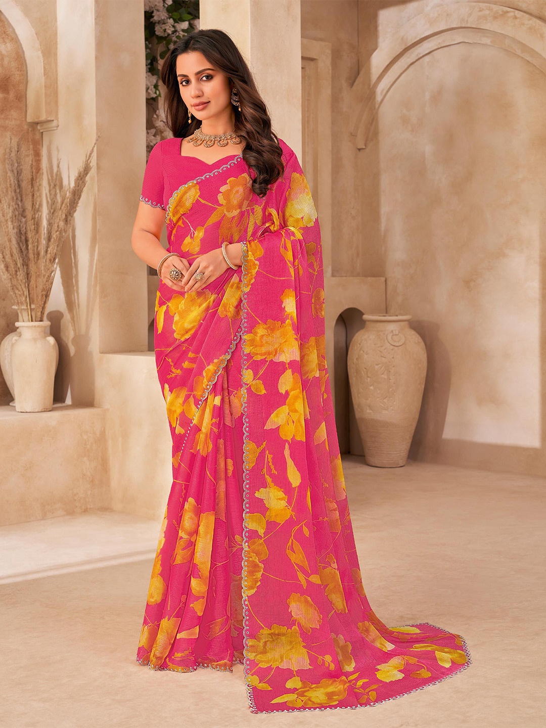

Laxmipati Floral Print Embelished Border Saree, Pink