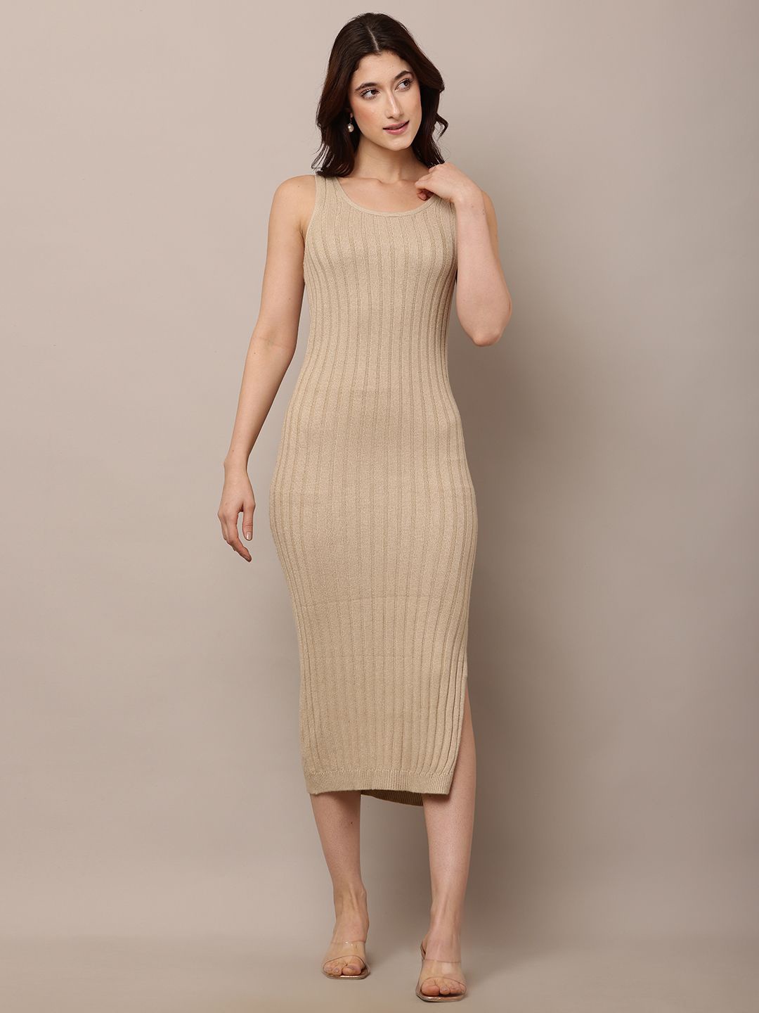 

NoBarr Self Design Striped Knits Bodycon Midi Dress, Beige