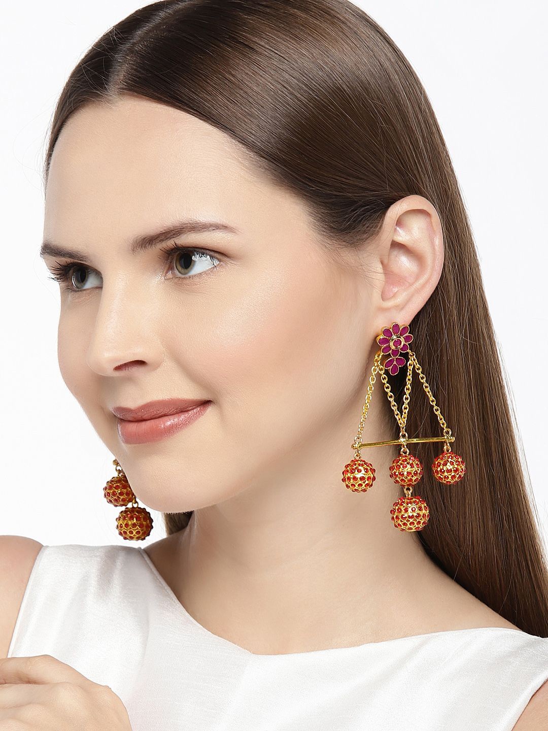 

House of Pataudi Gold-Plated Faux Ruby Studded Contemporary Drop Earrings