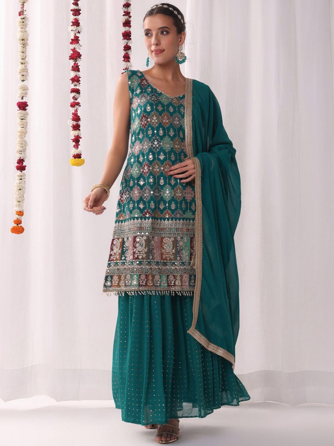 

Chhabra 555 Floral Embroidered Sequnnied Georgette Straight Kurta With Sharara & Dupatta, Teal