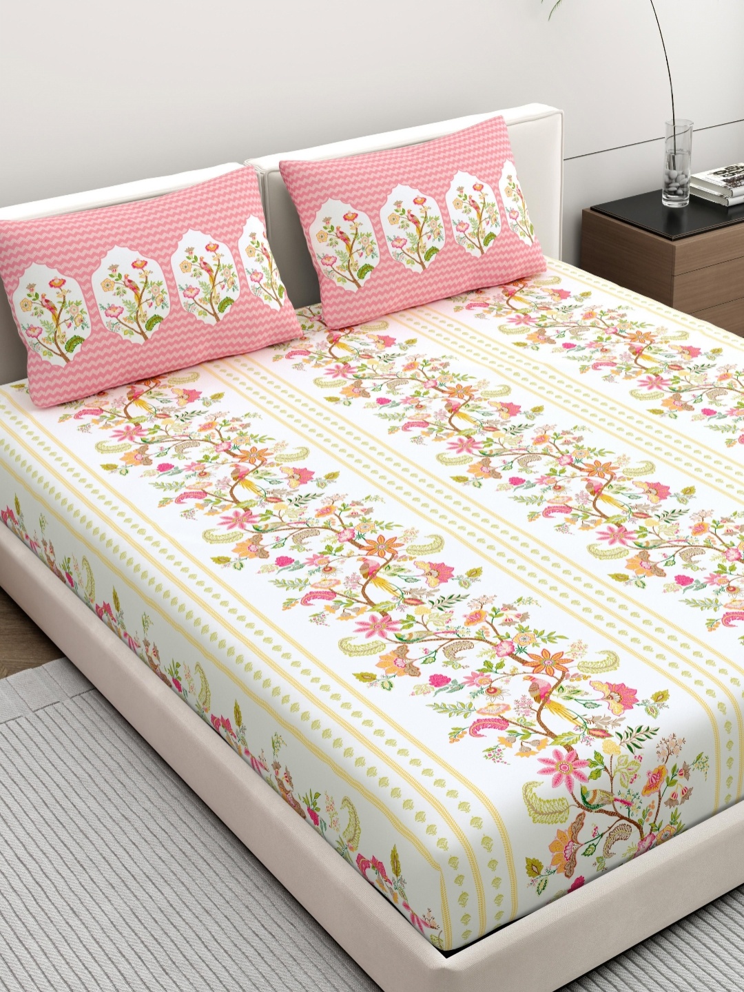 

Dreamscape Cream-Coloured & Pink Floral Pure Cotton 200 TC King Bedsheet Set-2.49mX2.74m