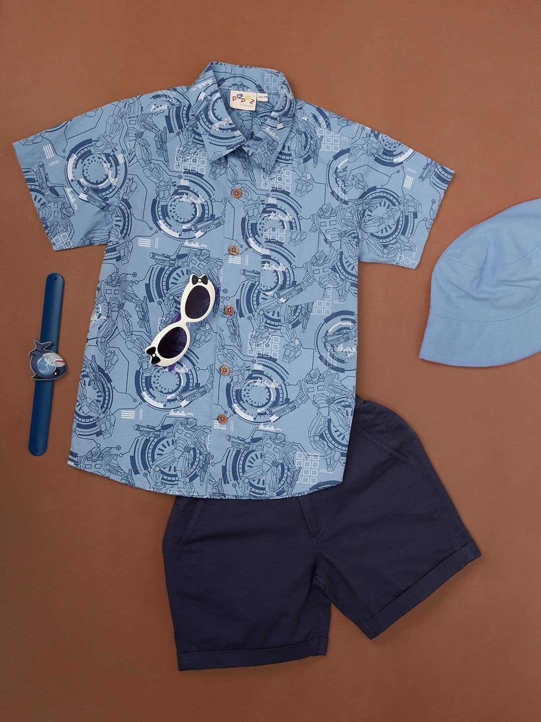 

Desi Soota Boys Abstract Printed Shirt Collar Pure Cotton Shirt With Shorts, Blue