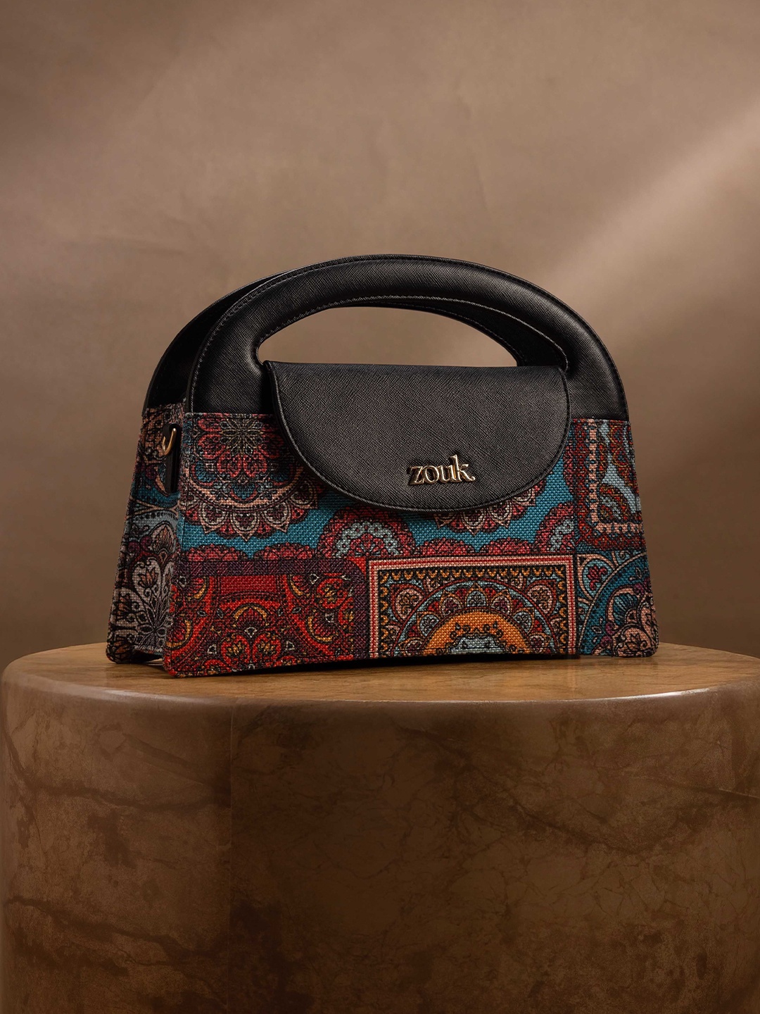 

ZOUK Floral Printed Structured Sling Bag with Tasselled, Brown