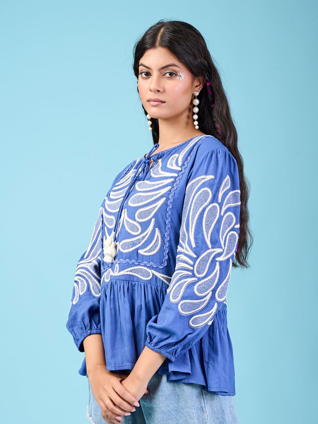 

FREYAA Embroidered Tie-Up Cotton Kaftan Top, Blue