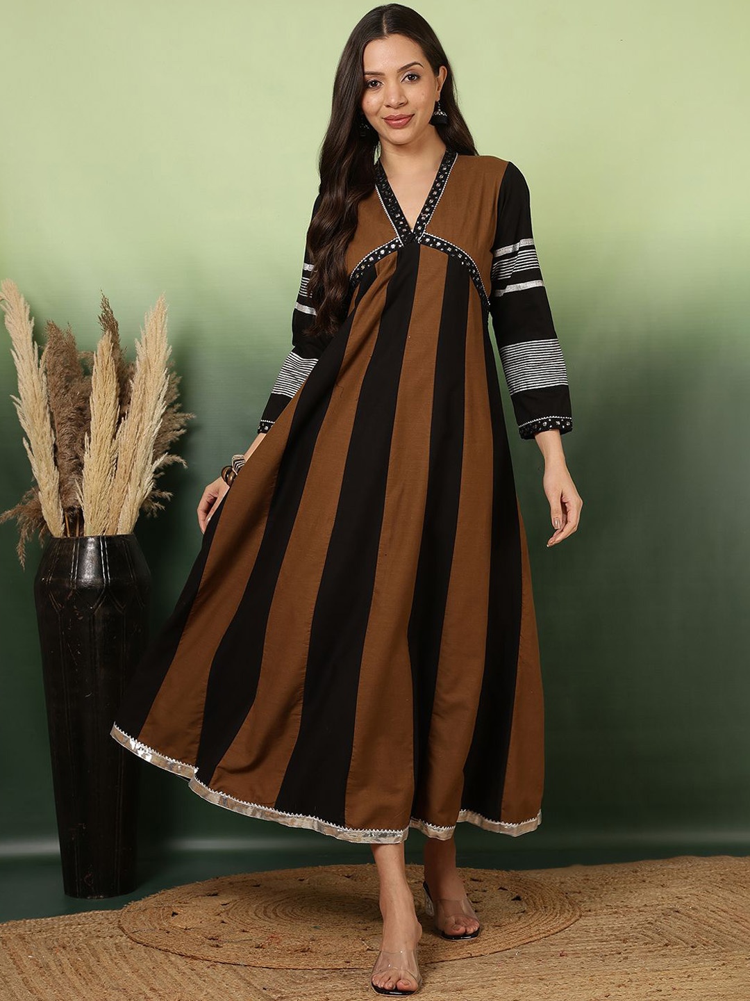 

Sangria Striped Pure Cotton A-line Dress, Brown