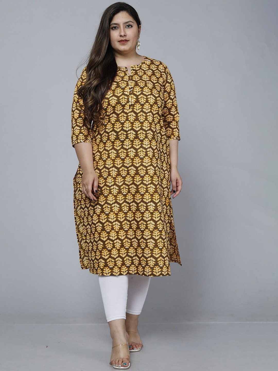 

Gs Fashions Plus Size Floral Printed Pure Cotton Round Neck Straight Kurta, Yellow