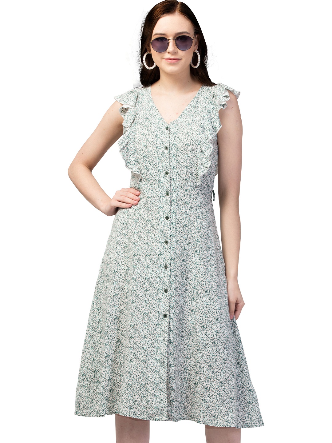 

TRAZO Women Floral Print Flutter Sleeve Ruffles Shift Midi Dress, Green
