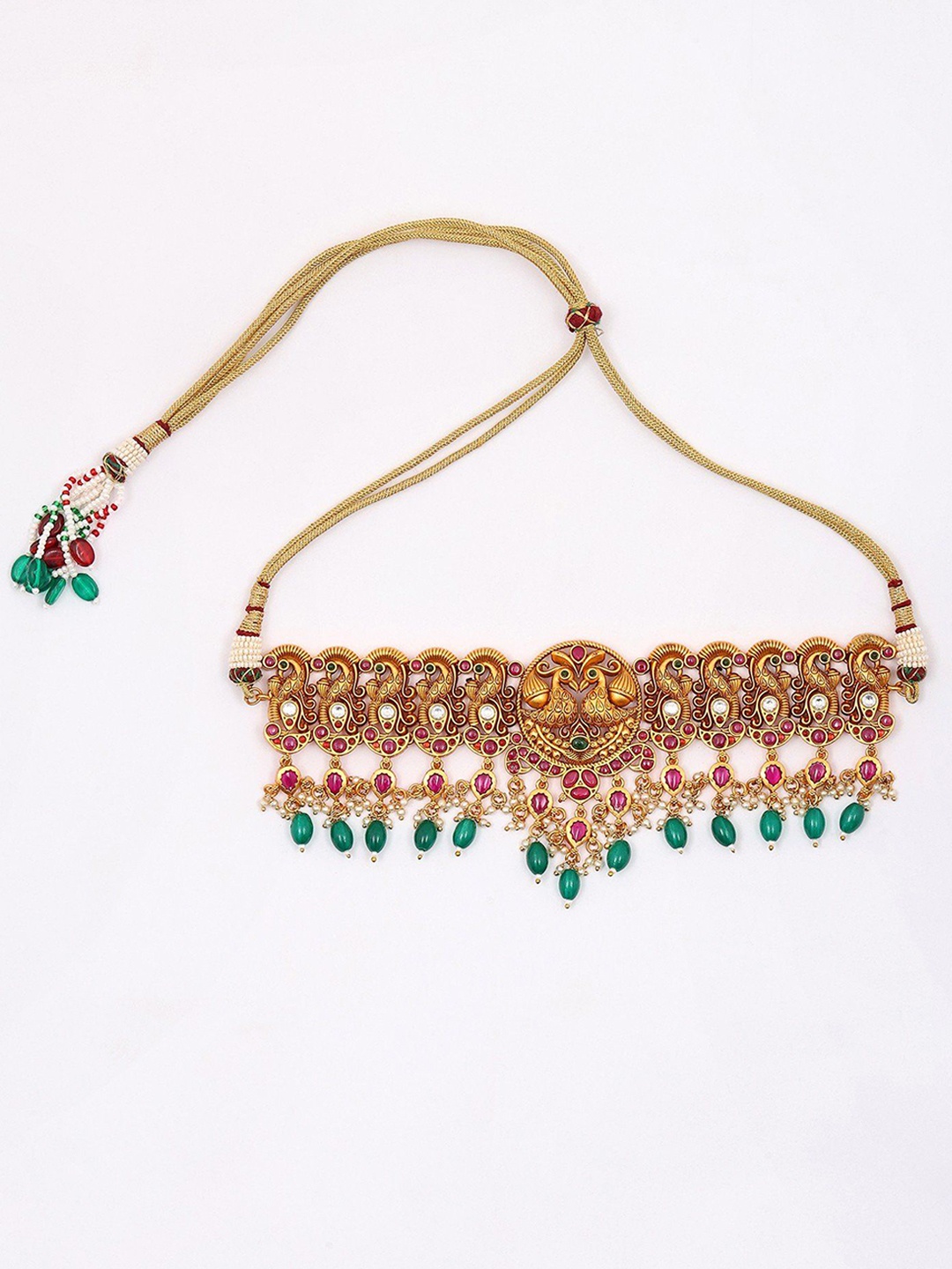 

Exotic India Floral Stone Studded Traditional South Indian Style Peacock Jewellery Set, Gold