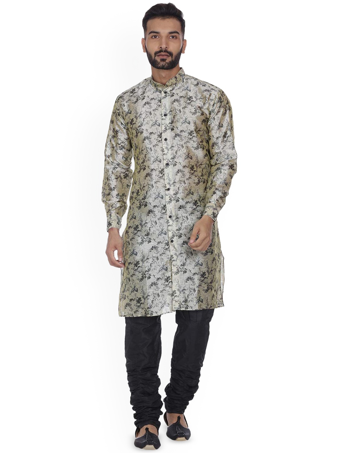 

VEERA PARIDHAAN Floral Printed Mandarin Collar Dupion Silk Straight Kurta, Beige