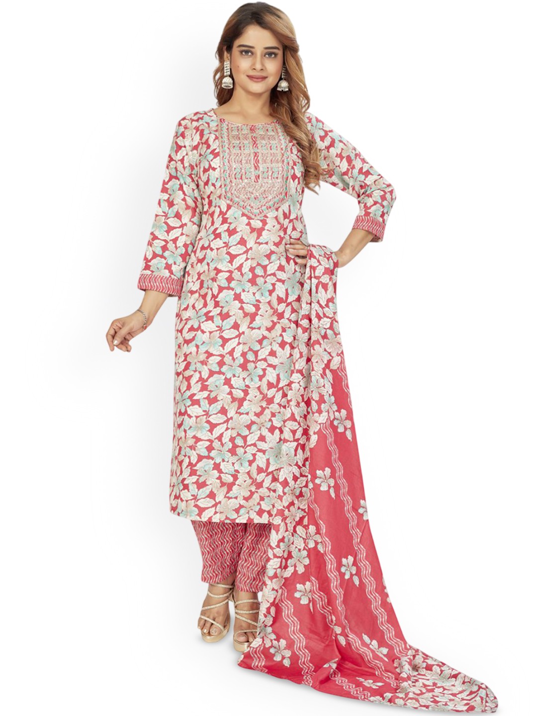 

Amchoor Floral Printed Sequinned Pure Cotton Straight Kurta With Trouser & Dupatta, Pink