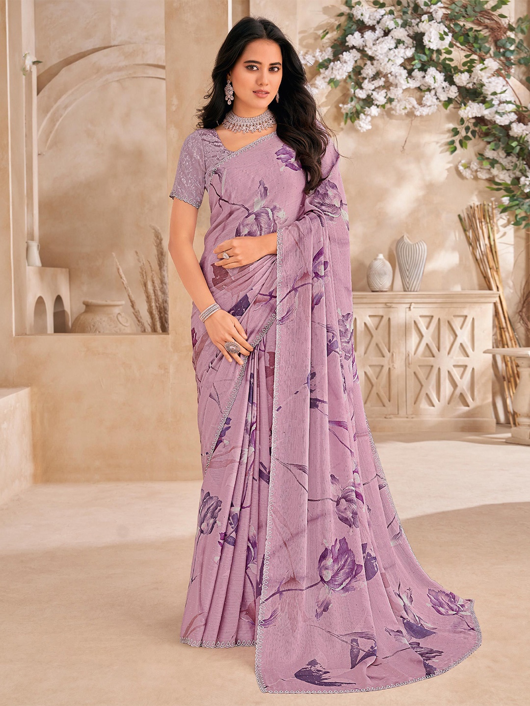 

Laxmipati Floral Printed Beads and Stones Saree, Lavender