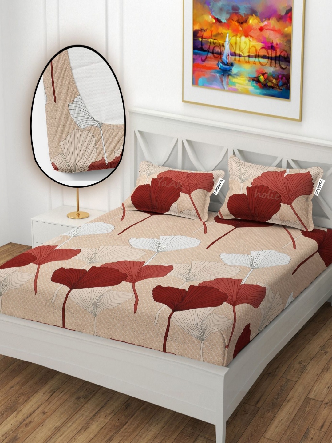

YaAkholic Beige & Red Floral 210 TC Fitted King Bedsheet Set 0.78 m x 0.72 m