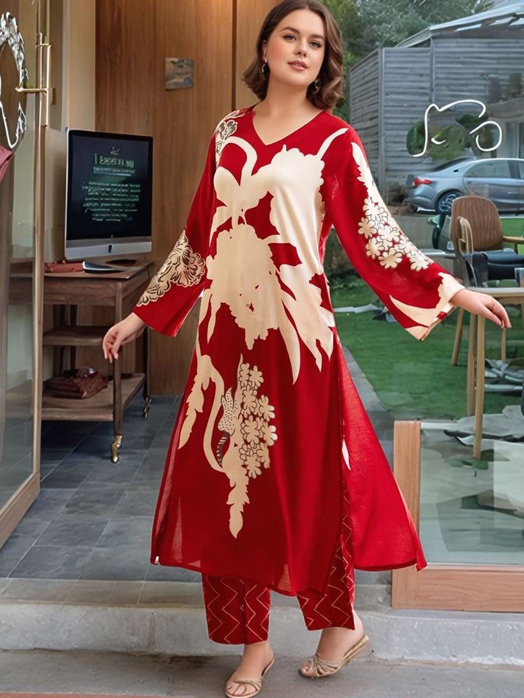 

GoSriKi Floral Printed V-Neck A-line Kurta With Palazzos, Red