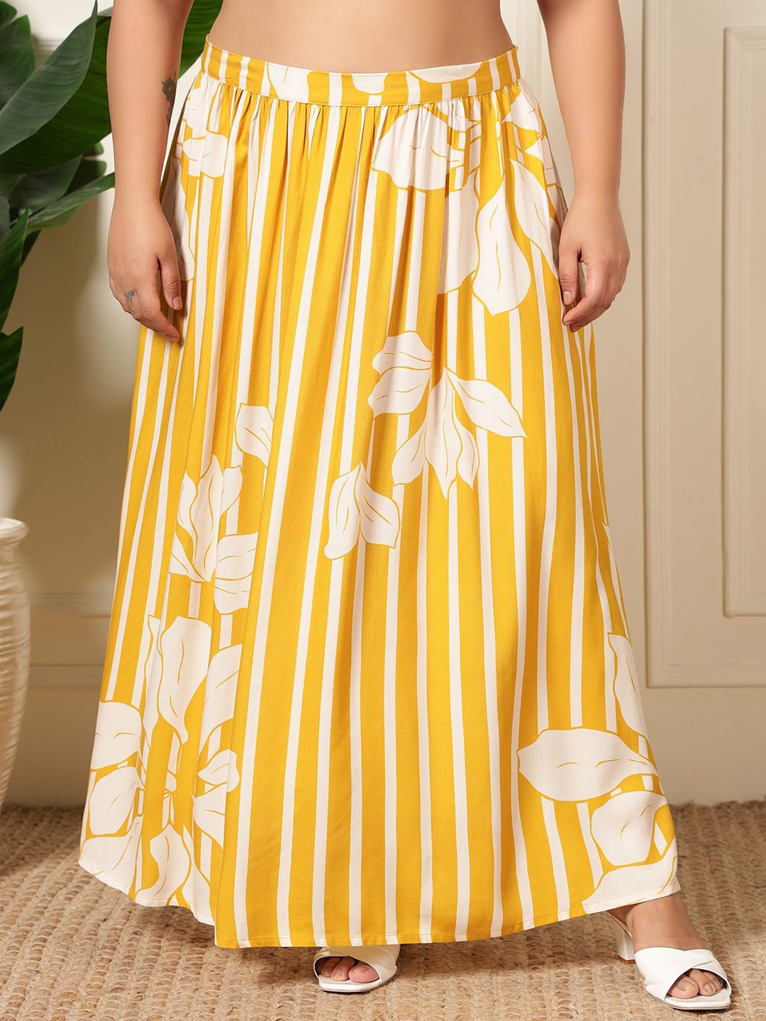 

DEEBACO Striped With Floral Patch Printed Maxi Skirt, Yellow