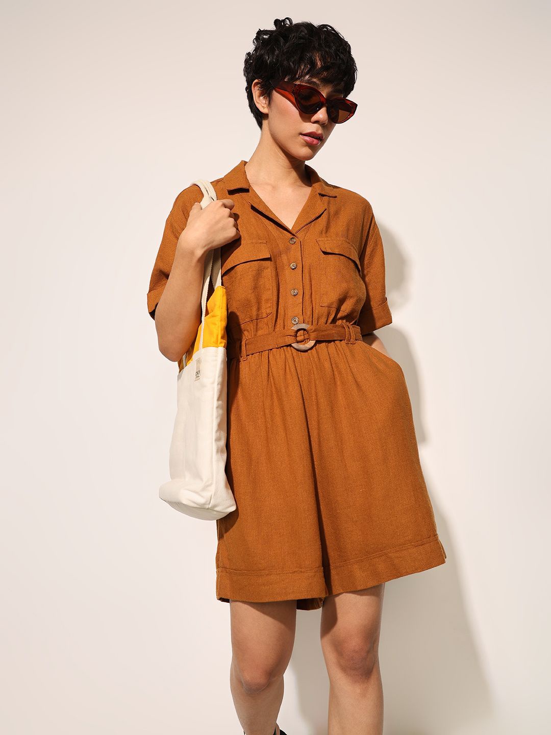 

ONLY Women Shirt Collar Short Sleeves Linen Basic Jumpsuit, Brown
