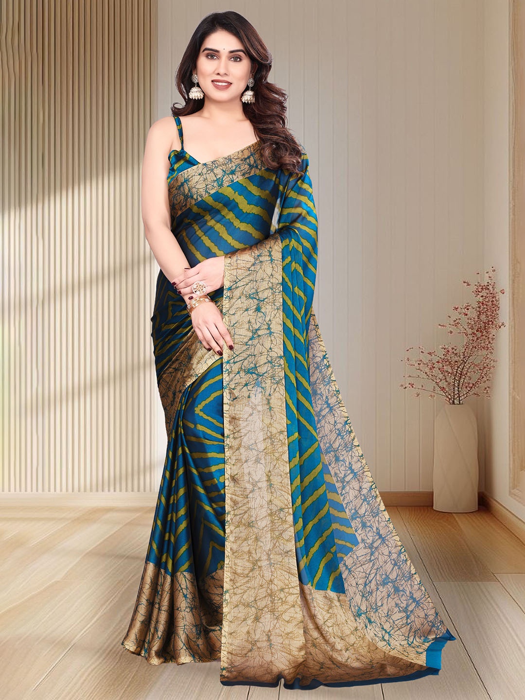 

Magneitta Pure Chiffon Leheriya Stripes Printed Bollywood Saree (Teal)