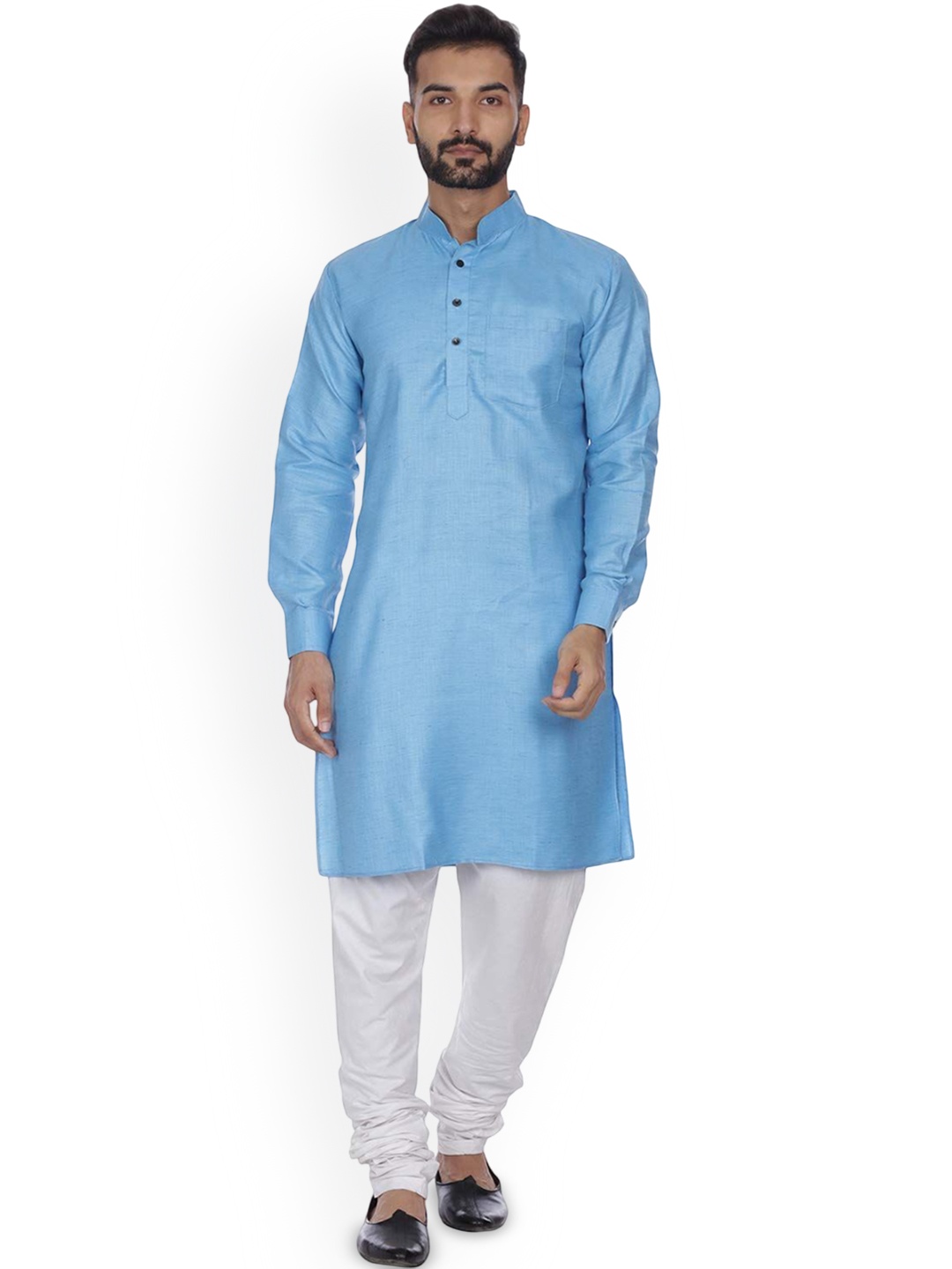 

VEERA PARIDHAAN Mandarin Collar Cotton Straight Kurta, Blue