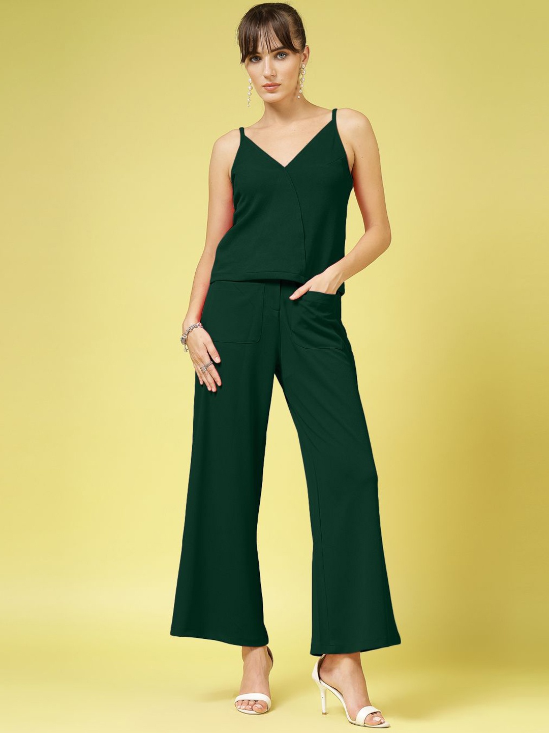 

DressBerry Shoulder Strap Neck Top With Trouser, Green