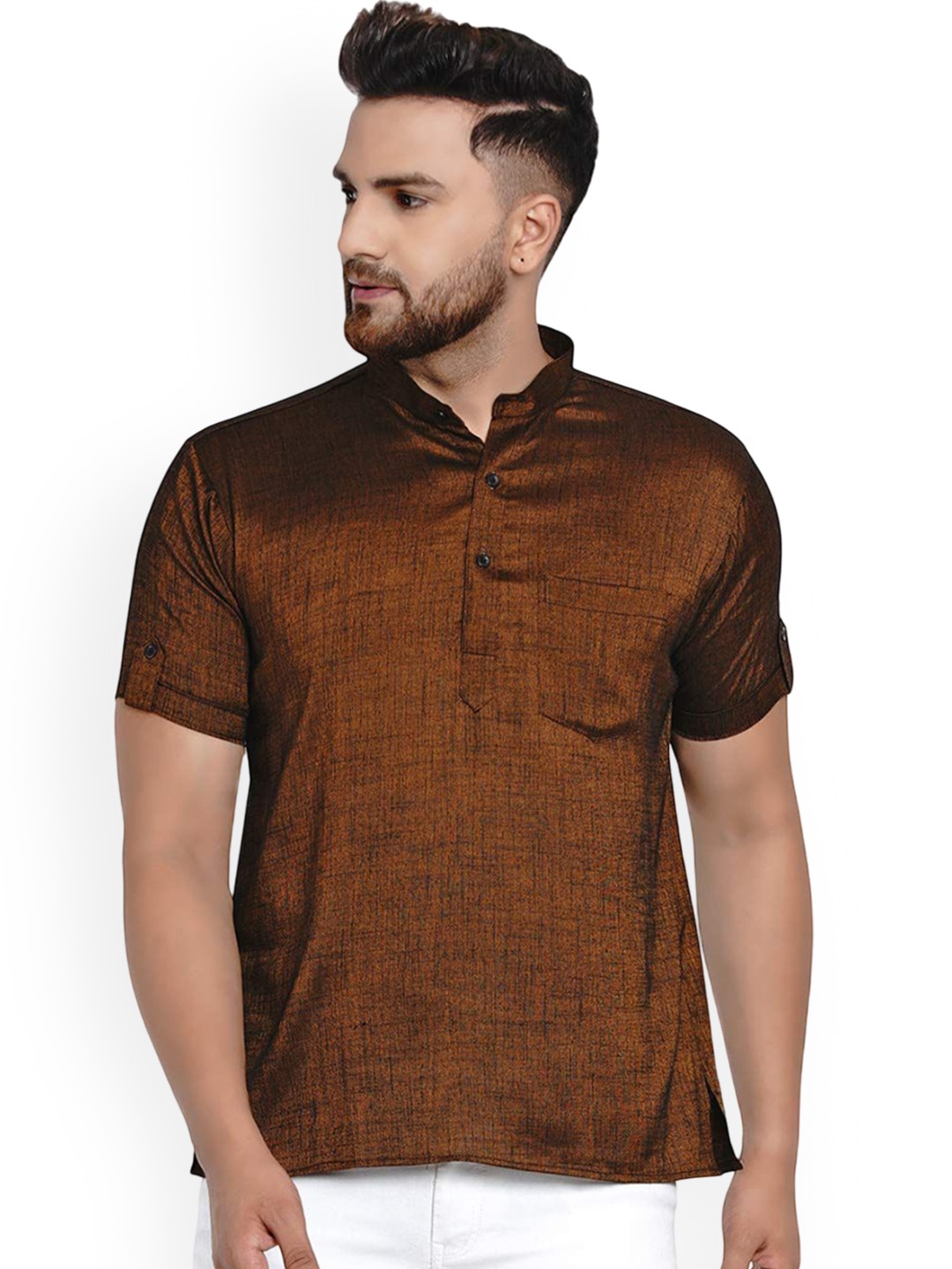 

VEERA PARIDHAAN Band Collar Short Sleeves Straight Kurta, Brown