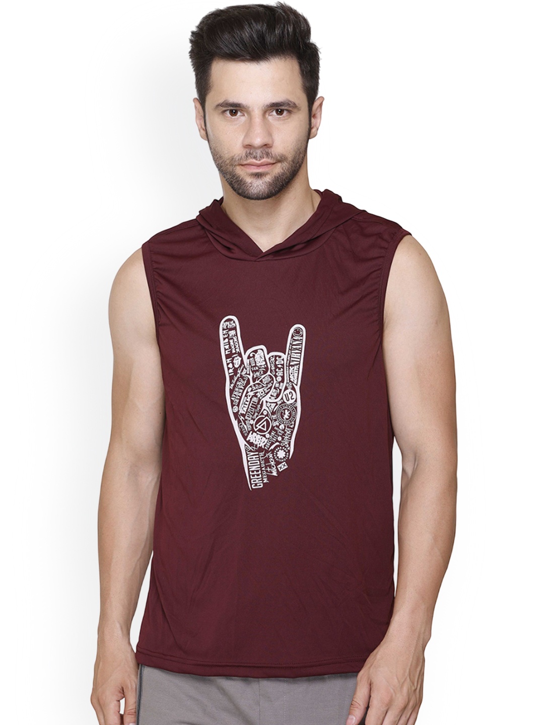 

Colors and Blends Men Sleeveless Printed Hooded Tshirts, Maroon