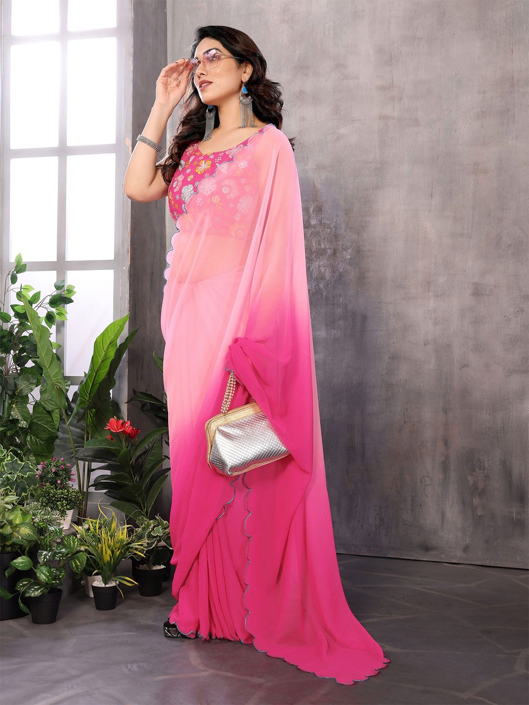 

ROOP SUNDARI SAREES Ombre Embroidered Pure Georgette Saree, Rose