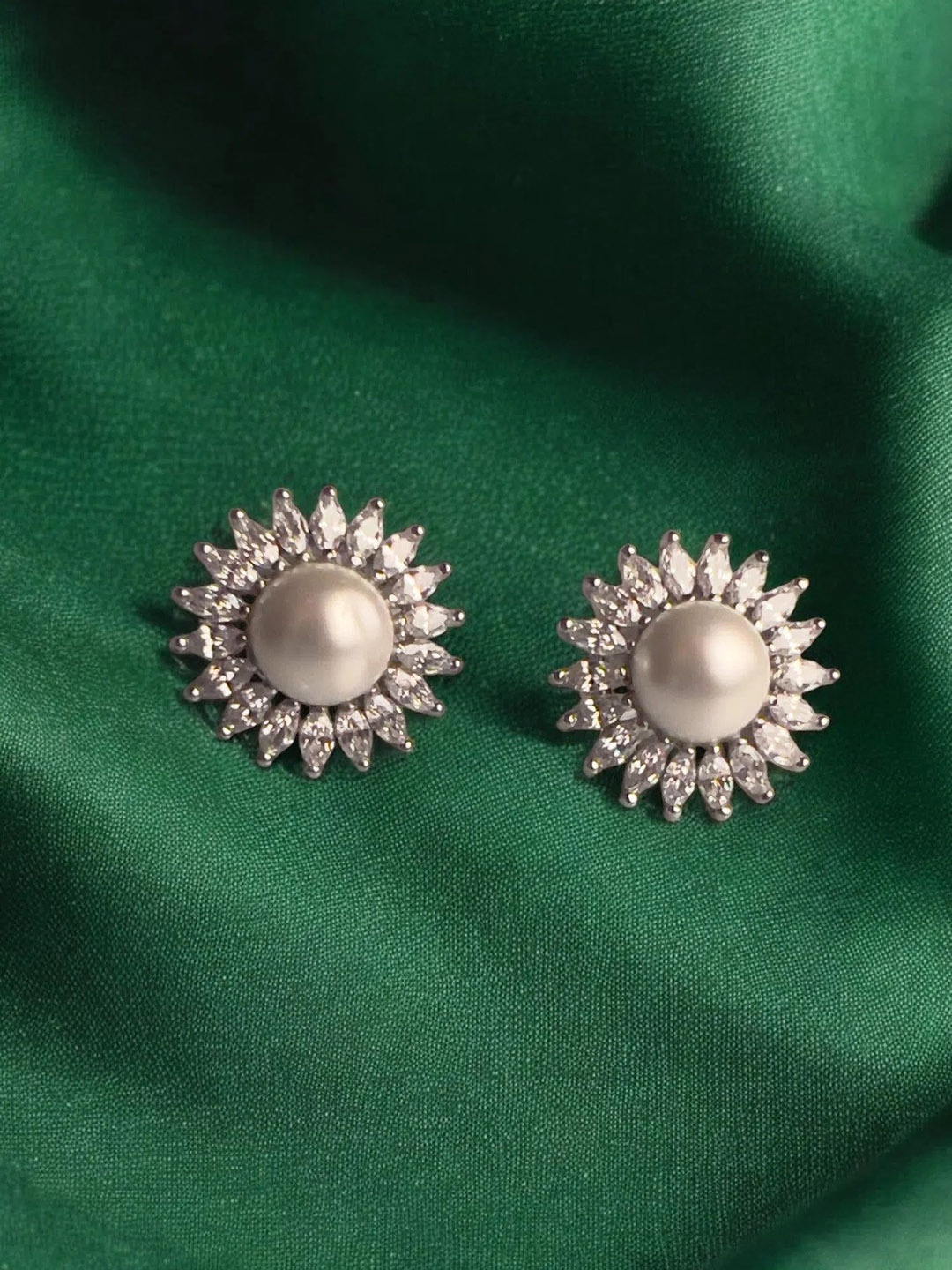 

VOGUE BY RITU Cubic Zirconia Studded & Pearls Beaded Circular Studs, Silver
