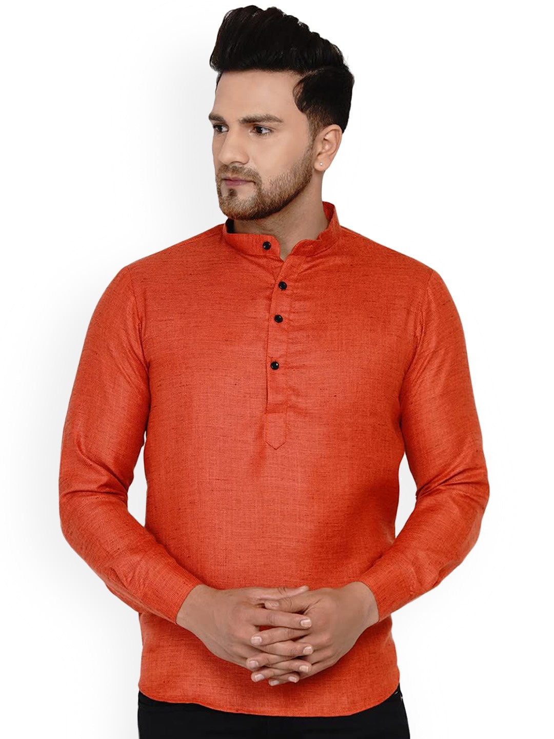 

VEERA PARIDHAAN Band Collar Khadi Cotton Straight Short Kurta, Red