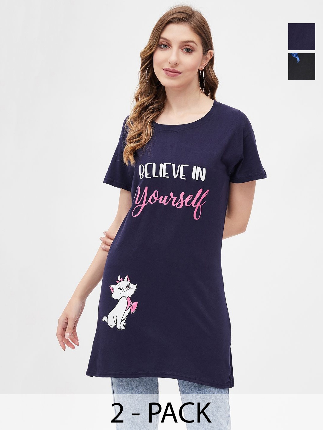 

Dreambe Women 2 Printed Extended Sleeves Applique T-shirt, Multi