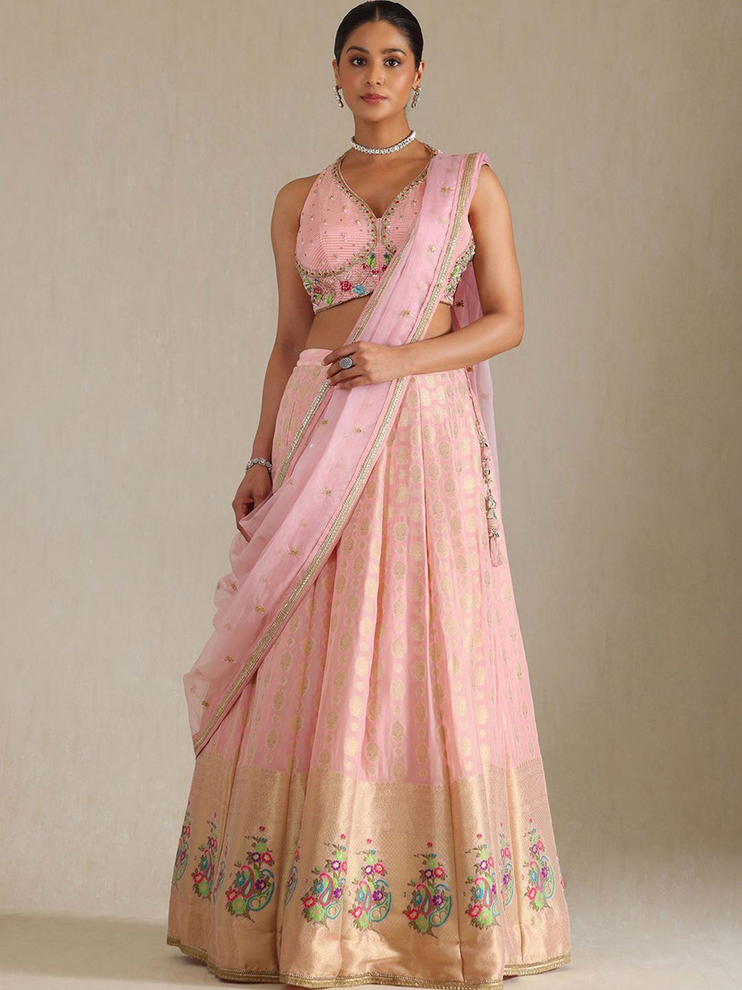 

Soch Floral Embroidered Zardozi Ready to Wear Georgette Lehenga With Blouse & Dupatta, Pink