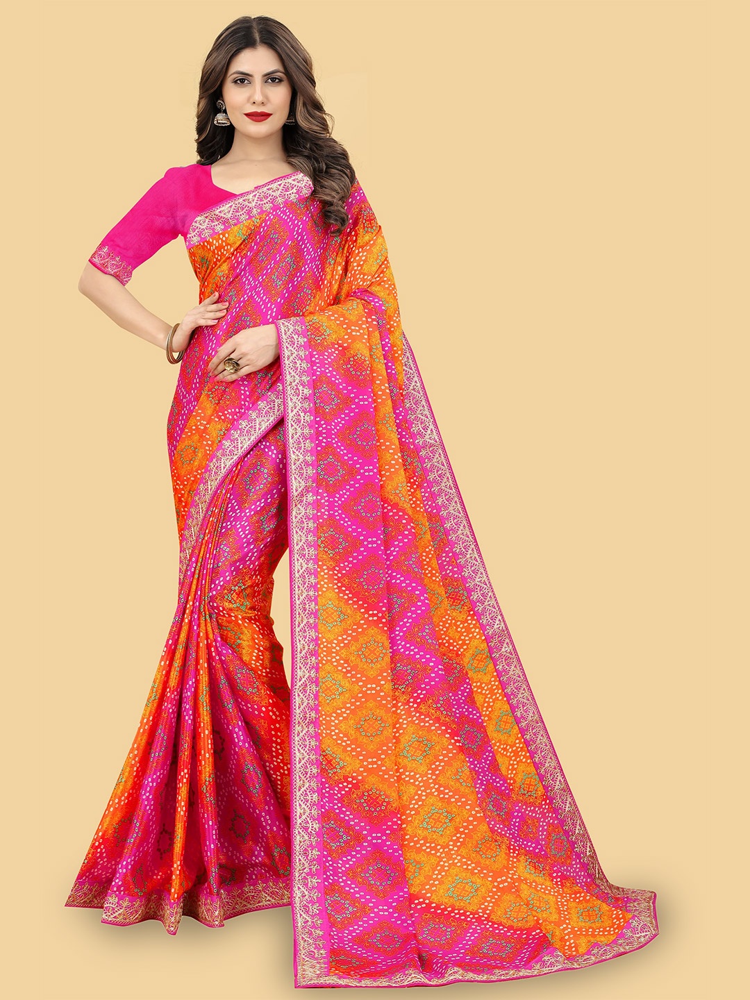 

VIRENDRA TEXTILES Printed Embroidered Bandhani Saree, Yellow