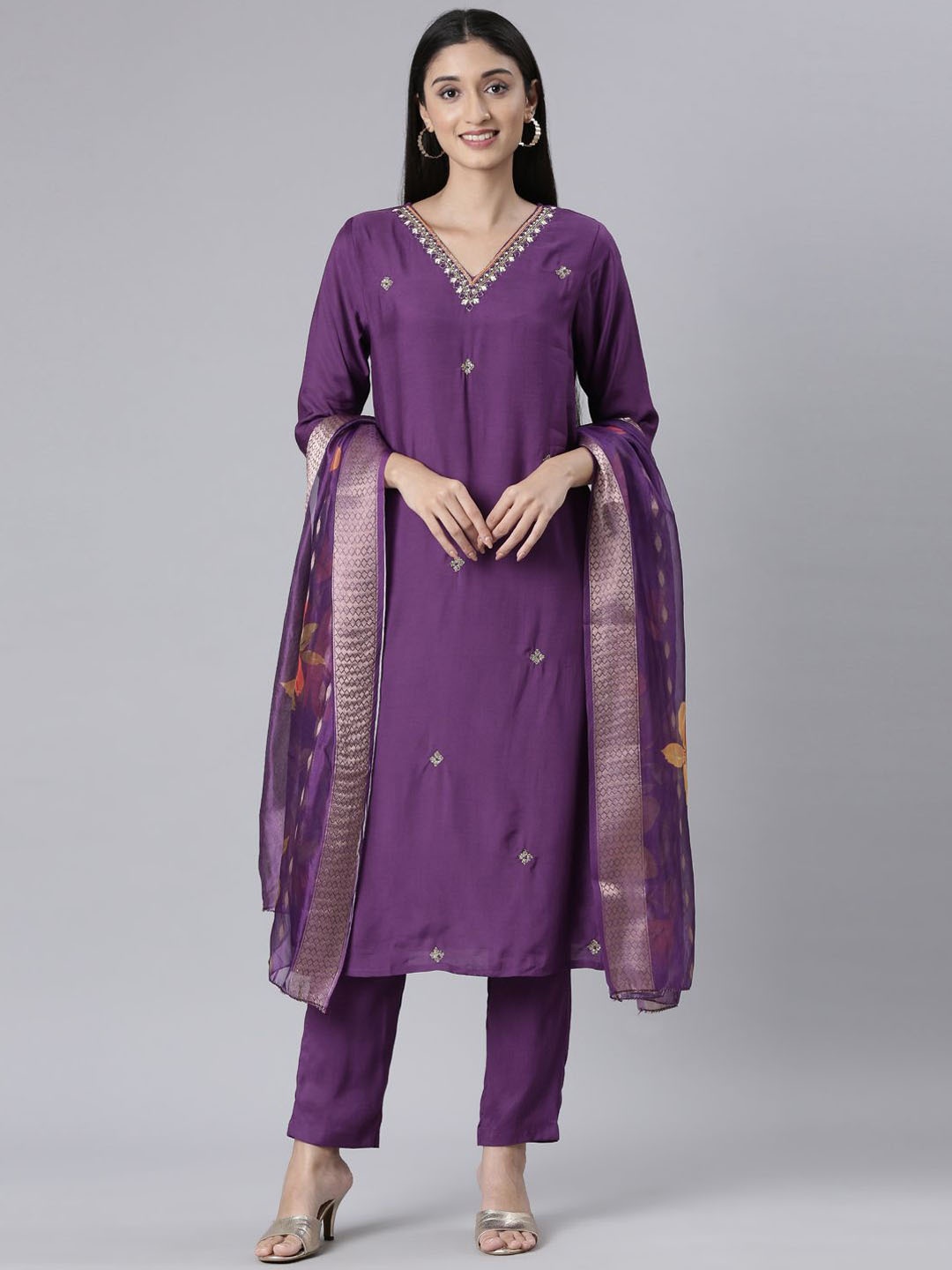 

Neerus Embroidered V-Neck Straight Beads and Stones Kurta With Trousers And Dupatta, Purple