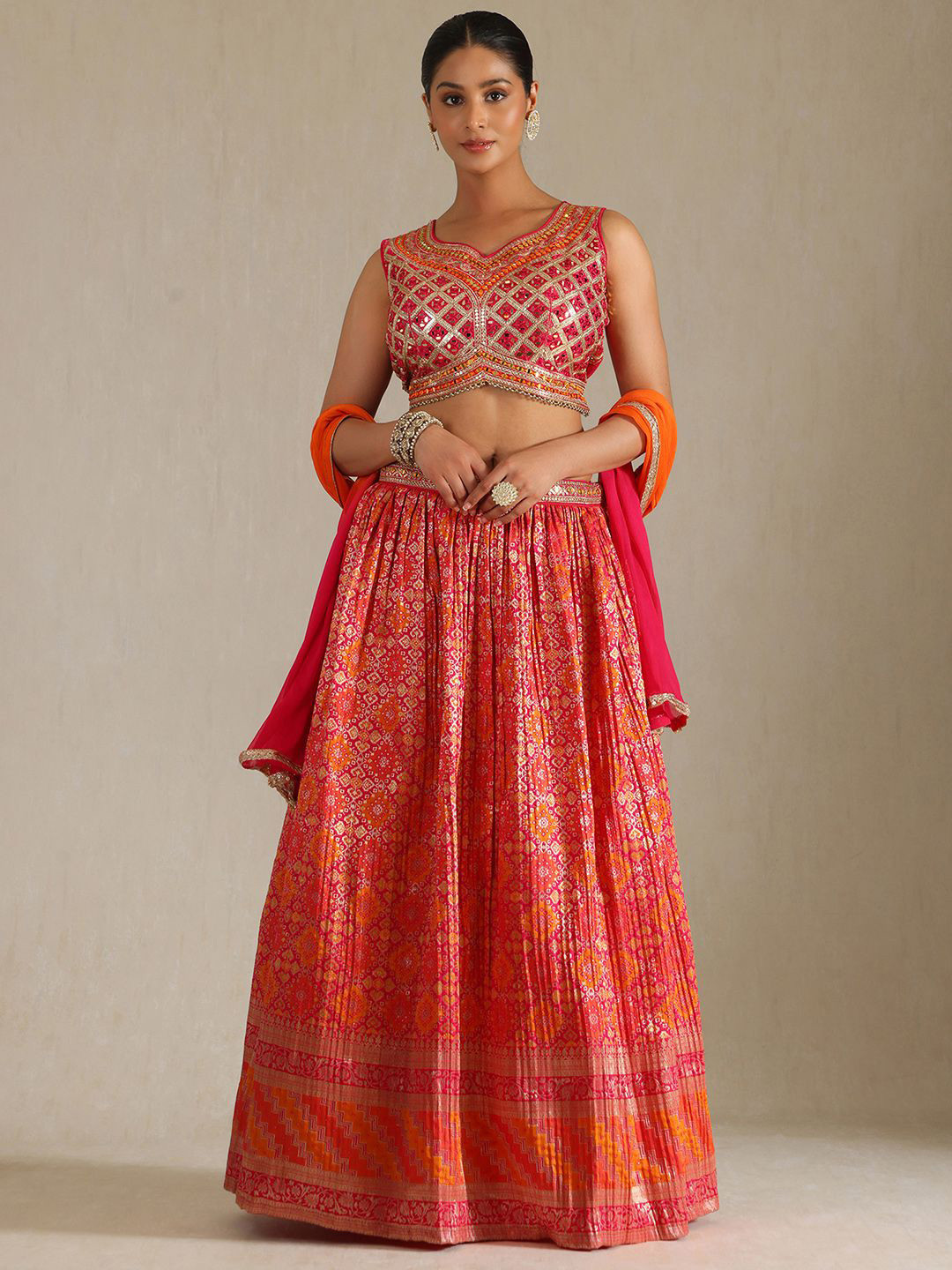 

Soch Floral Embellished Mirror Work Ready to Wear Cotton Lehenga With Blouse & Dupatta, Fuchsia