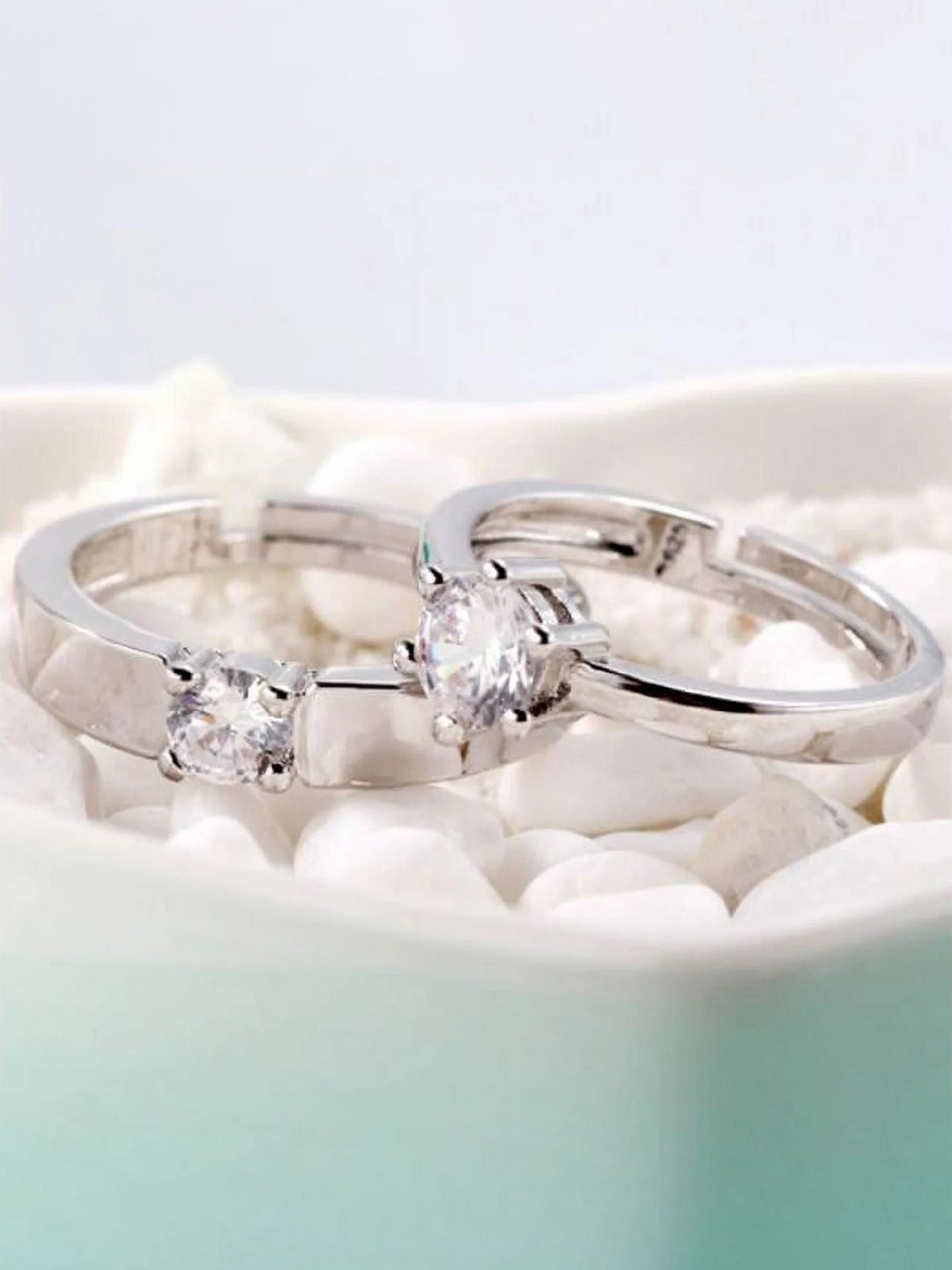 

AGARWALPRODUCT Set Of 2 Sterling Silver-Plated CZ-Studded Oxidised Adjustable Finger Rings