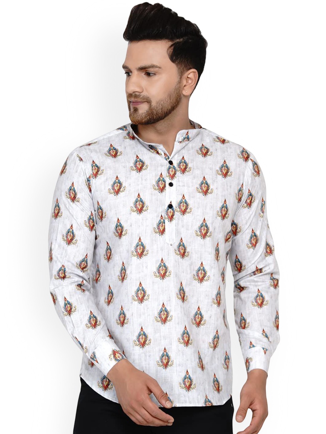 

VEERA PARIDHAAN Ethnic Motifs Printed Band Collar Cotton Straight Kurta, White