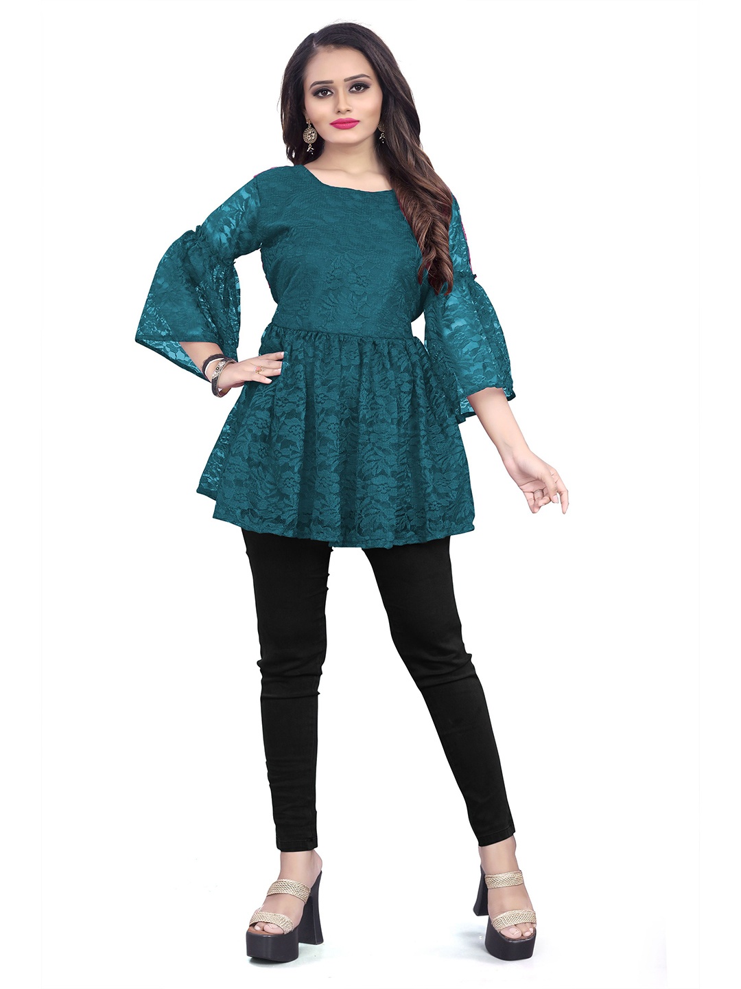 

FASHOKART Women Self Design Bell Sleeve Peplum Top, Green