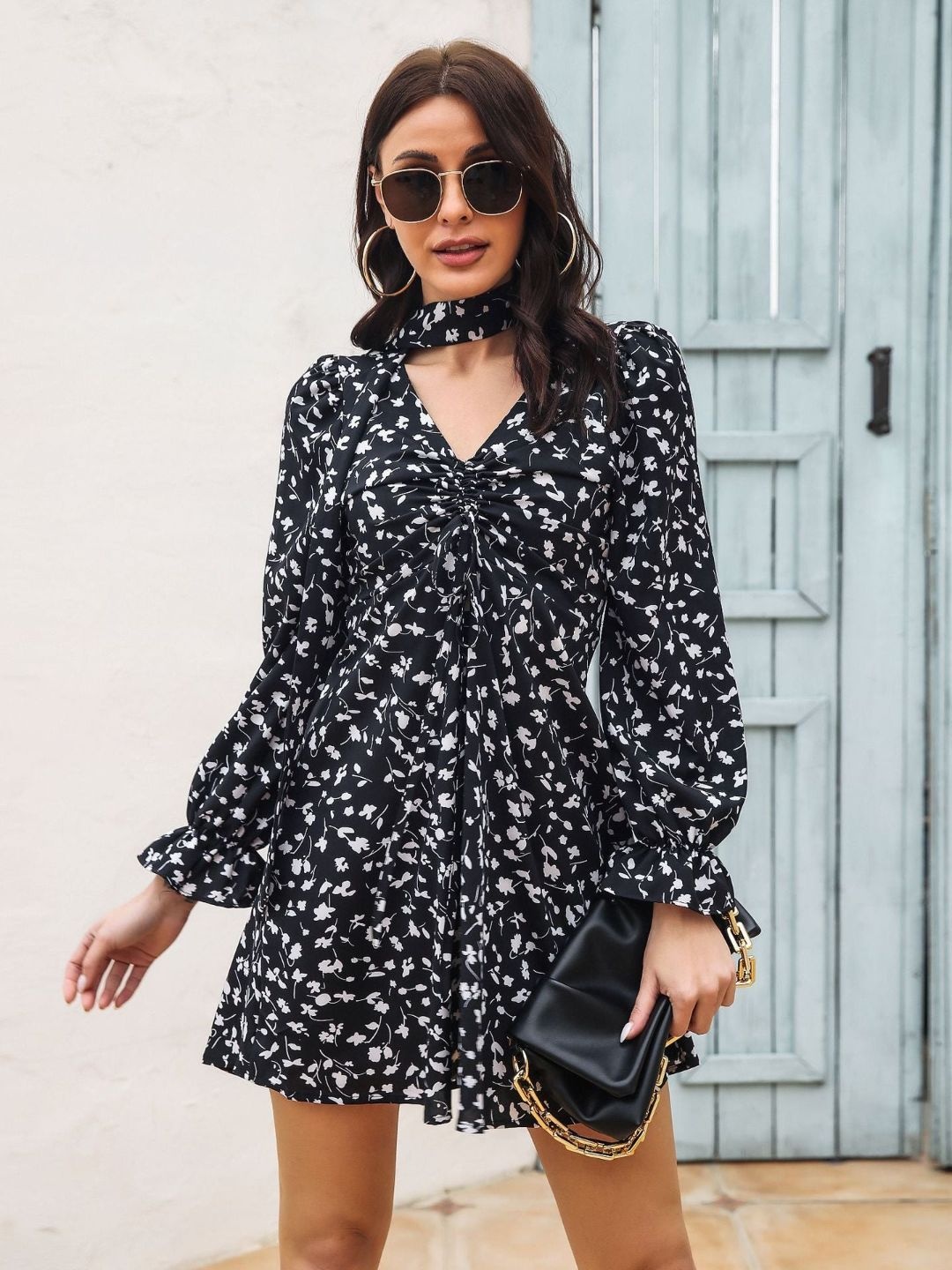 

Oh Rare Abstract Print Bell Sleeve Fit & Flare Dress, Black