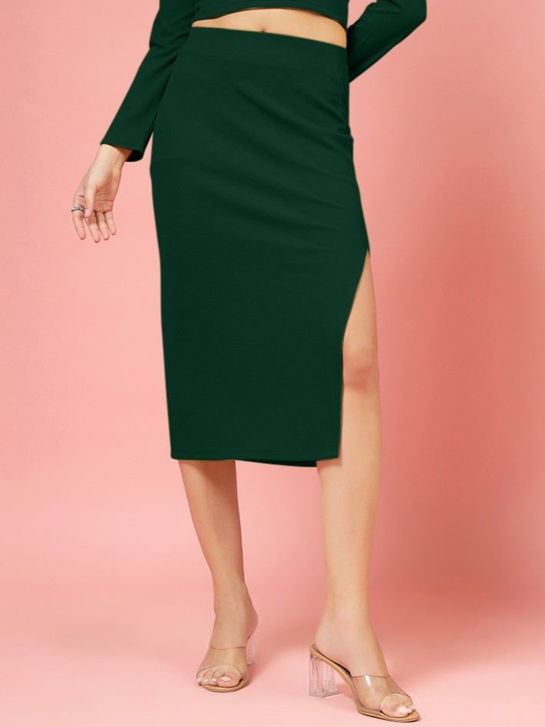

DressBerry Women Pencil Side Slit Midi Skirt, Green