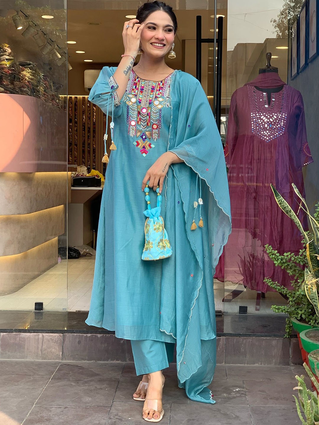 

Growdamy Floral Yoke Design Chanderi Silk Straight Kurta With Trousers & Dupatta, Blue
