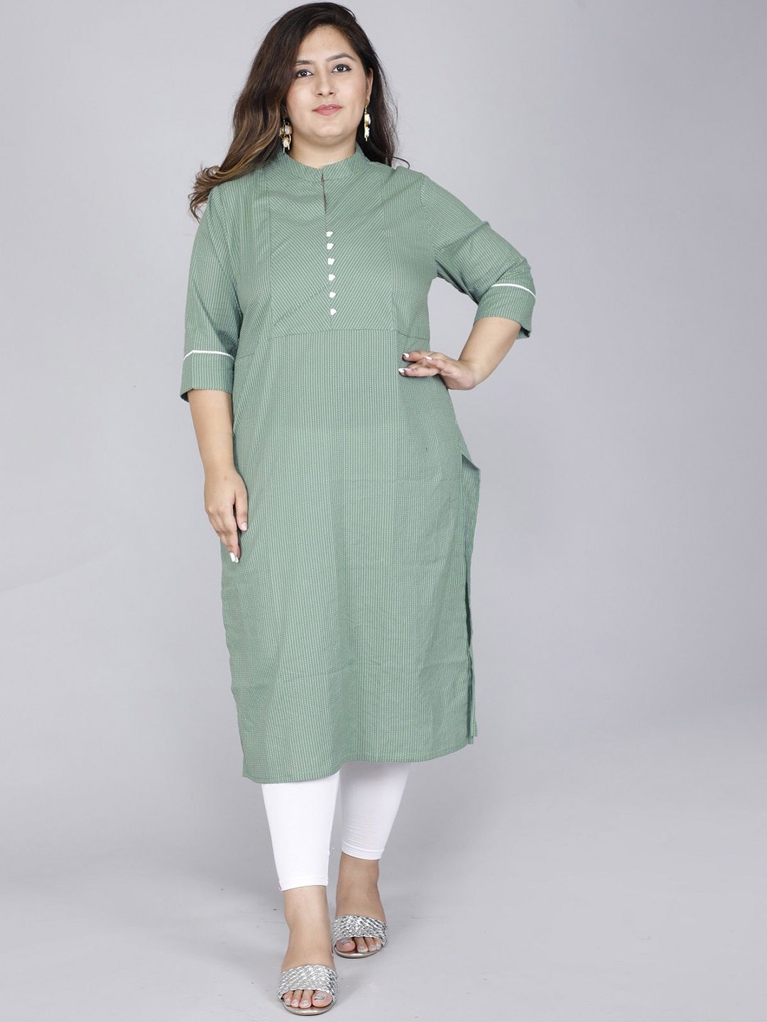 

Gs Fashions Plus Size Striped Pure Cotton Mandarin Collar Straight Kurta, Green