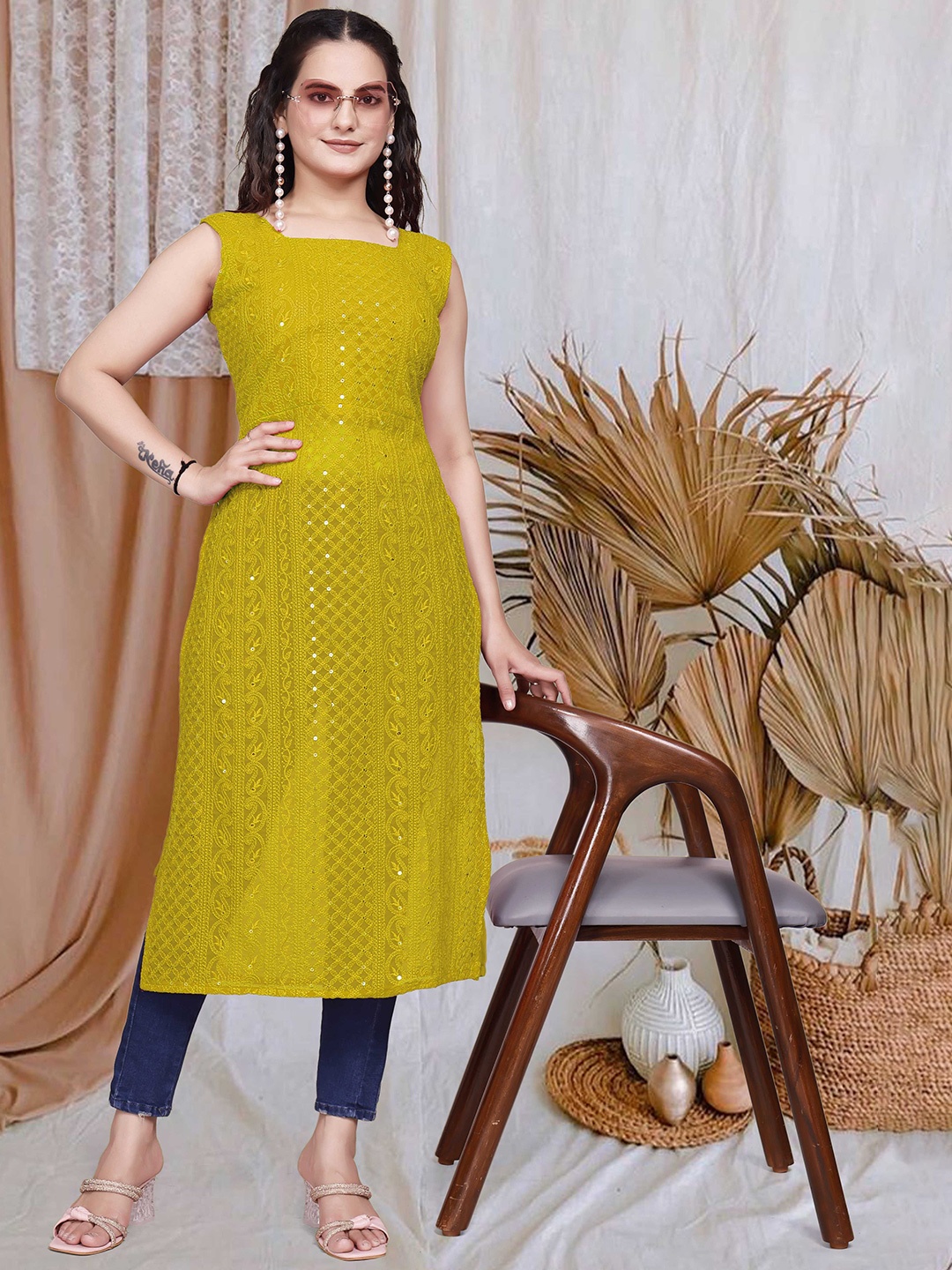

PARROT CREATION Paisley Chikankari Sequinned Embroidered Square Neck Straight Kurta, Yellow