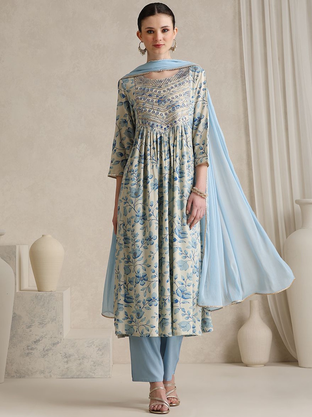

Khushal K Floral Printed Embroidered Anarkali Kurta with Trousers & Dupatta, Blue