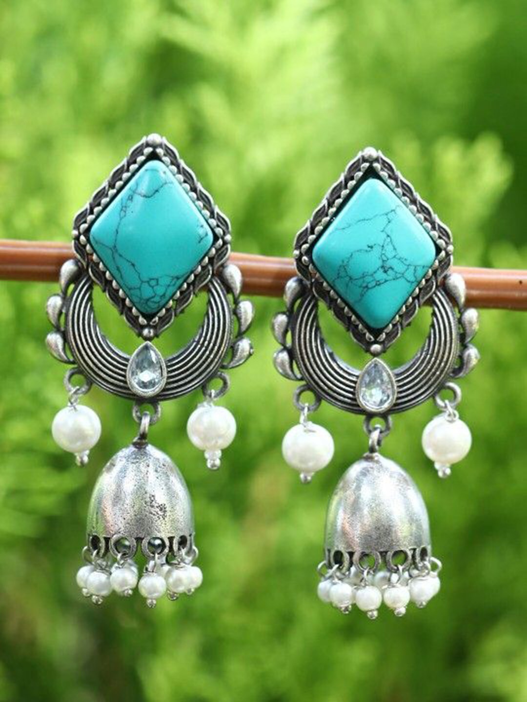 

Anouk Silver-Plated Artificial Stones Studded & Beaded Dome Shaped Jhumkas