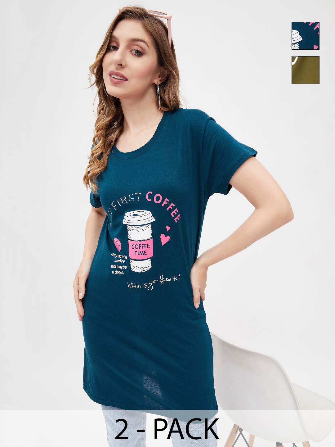

Dreambe Women 2 Printed Extended Sleeves Applique T-shirt, Multi
