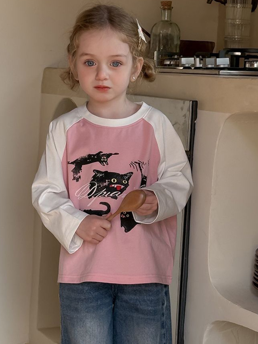

LULU & SKY Girls Printed High Neck Extended Sleeves Pockets T-shirt, Pink