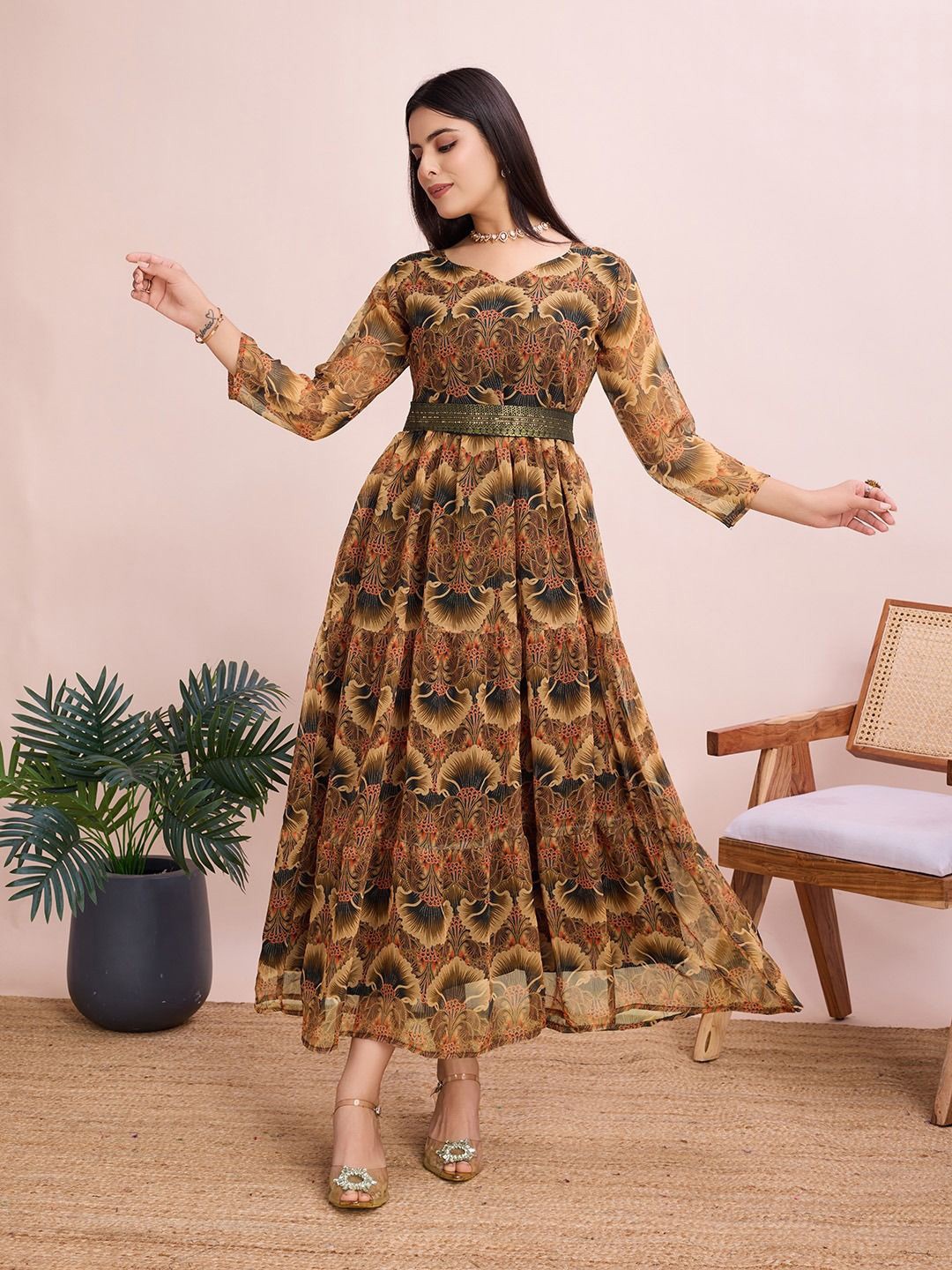 

DressBerry Women Printed Georgette Fit & Flare Maxi Dress With Belt, Coffee brown